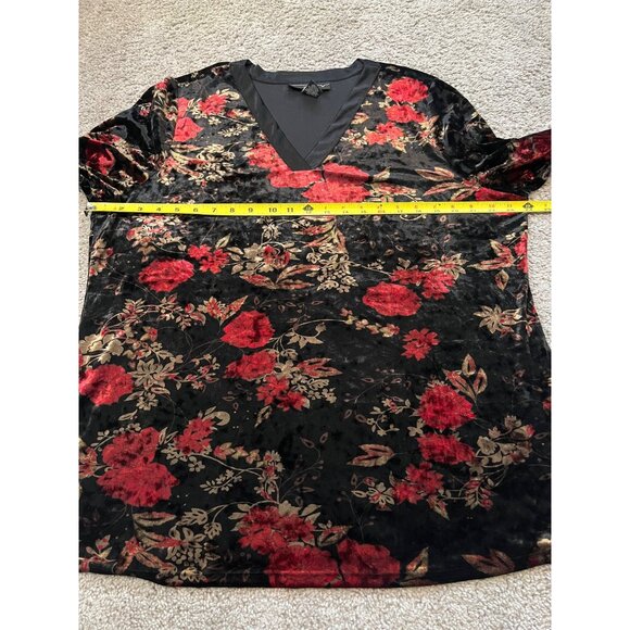 Venezia Womens Floral Velour Top Sz 18/20 V-Neck Black Red Stretchy Long Sleeve - Picture 3 of 7